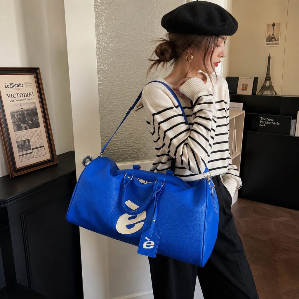 Woman in striped sweater carrying the cobalt blue è Weekender bag